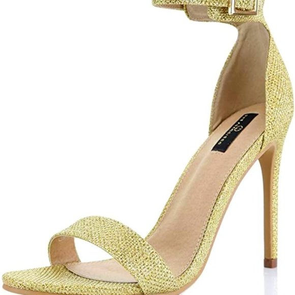 DailyShoes Gold Stiletto Heels Open Toe Ankle Buck - Picture 1 of 5
